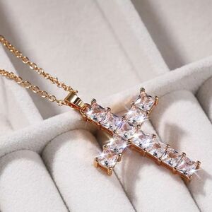 14K Gold on 925 Silver Cross Clear White Halo Diamond Pendant Necklace